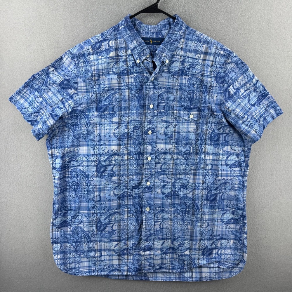 Ralph Lauren Shirt Mens 2XL Blue Paisley & Plaid Button Down Short Sleeve Cotton